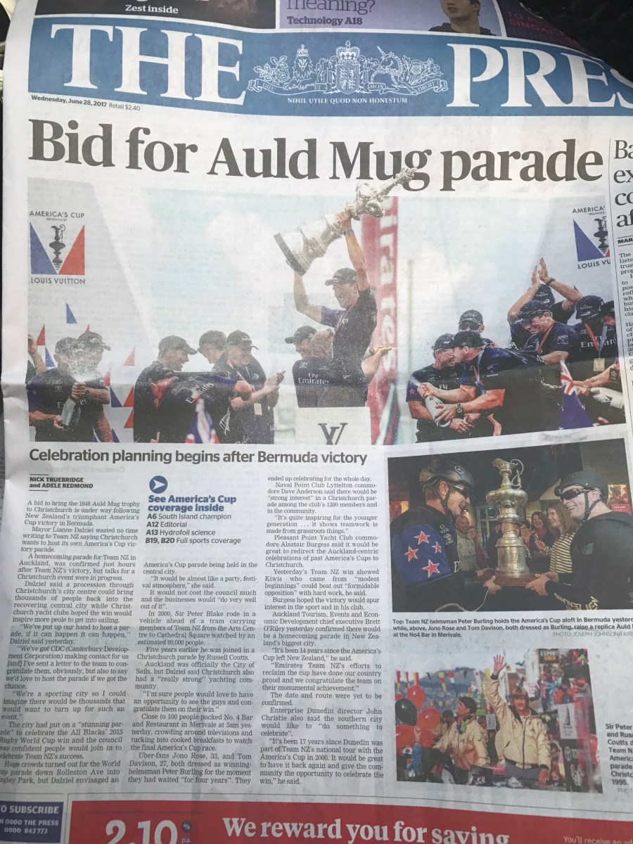 The front page of the Press newspaper when NZ won the Americas Cup